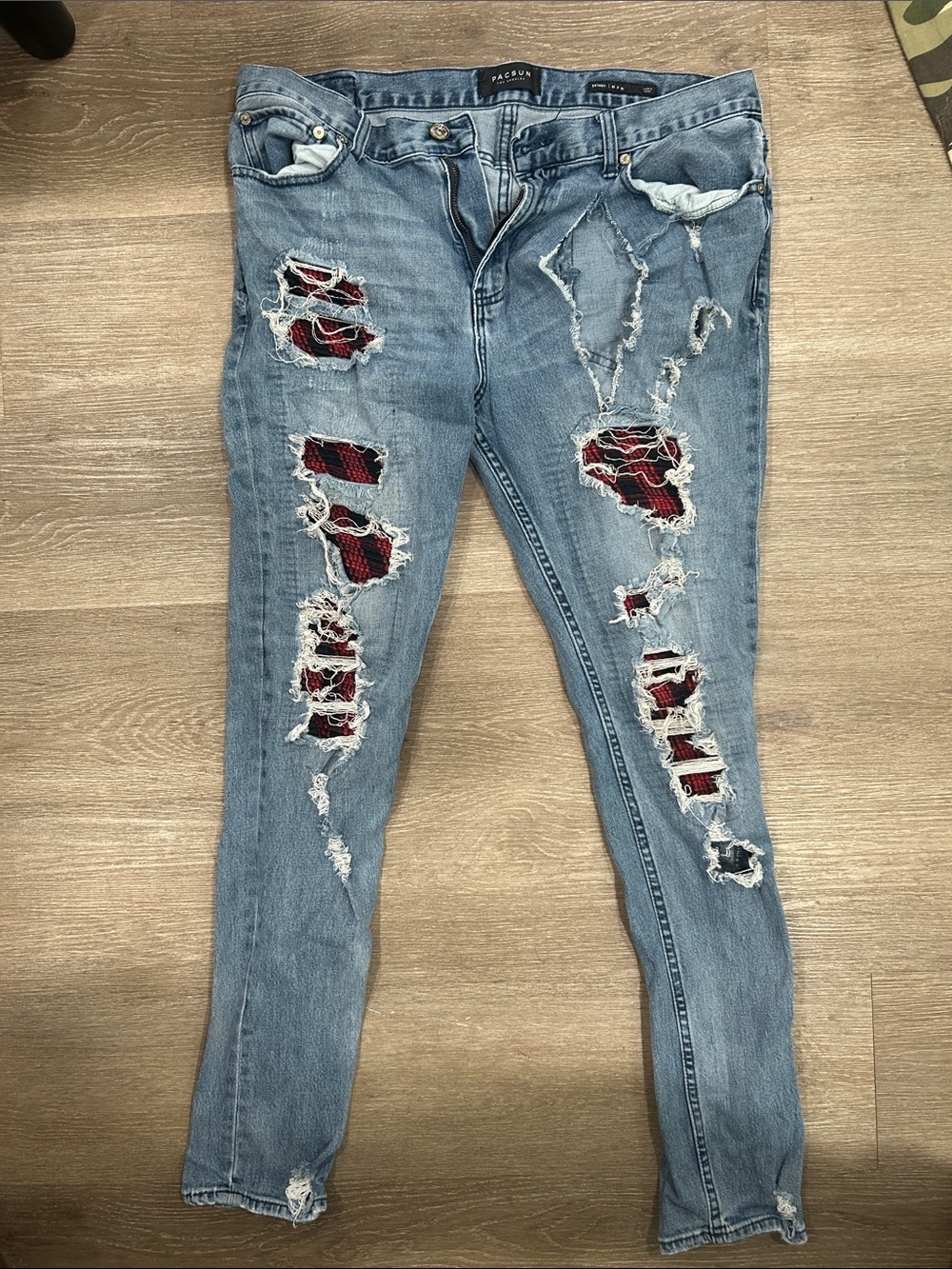 PacSun Light Blue Ripped Skinny Jeans with Red Plaid Inset